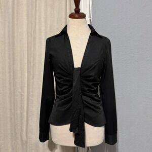 Idem Ditto Black Ruched Front Long Sleeve Collared Button Down‎ Gothic Shirt M